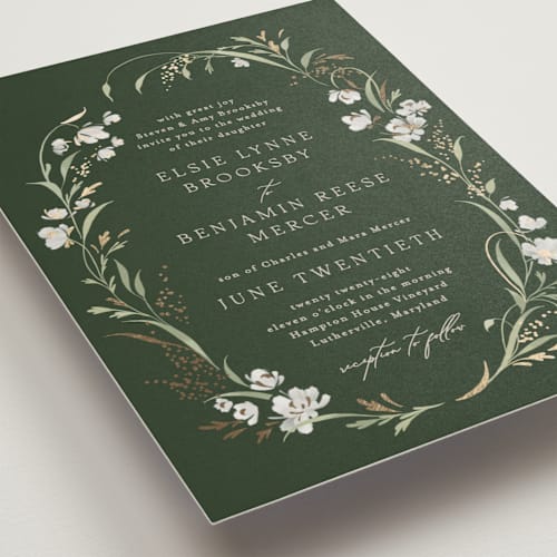 This is a forest floor foil stamped wedding invitations with foil pressed by Erin L. Wilson called meadow printing on signature in standard