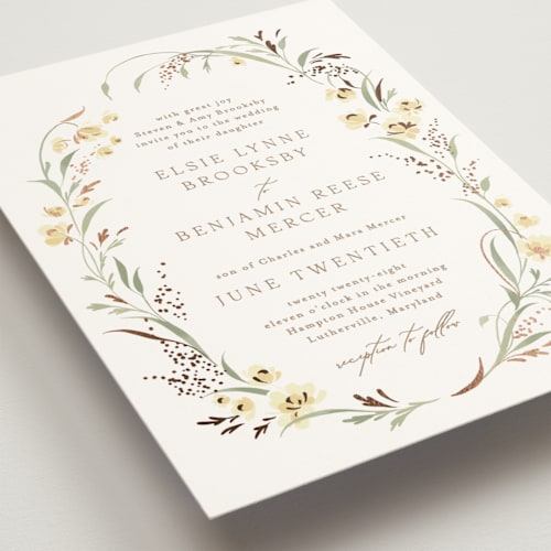 This is a summer shine foil stamped wedding invitations with foil pressed by Erin L. Wilson called meadow printing on signature in standard