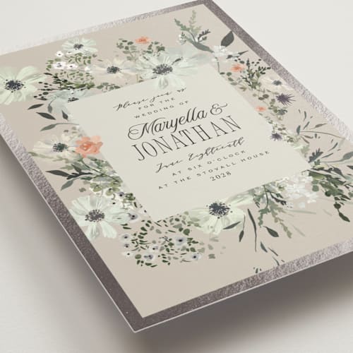 This is a dove foil stamped wedding invitations with foil pressed by Hannah Williams called blue garden printing on signature in standard