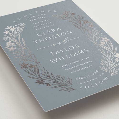 This is a titanium foil stamped wedding invitations with foil pressed by Leah Bisch called floral border printing on signature in standard