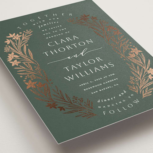 This is a ivy foil stamped wedding invitations with foil pressed by Leah Bisch called floral border printing on signature in standard