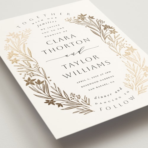 This is a pearl foil stamped wedding invitations with foil pressed by Leah Bisch called floral border printing on signature in standard