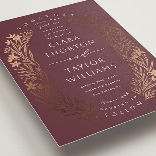 This is a spice foil stamped wedding invitations with foil pressed by Leah Bisch called floral border printing on signature in standard
