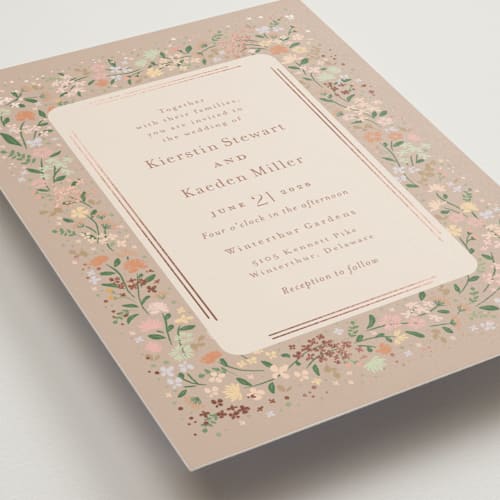 This is a latte foil stamped wedding invitations with foil pressed by Jennifer Wick called esther's garden printing on signature in standard