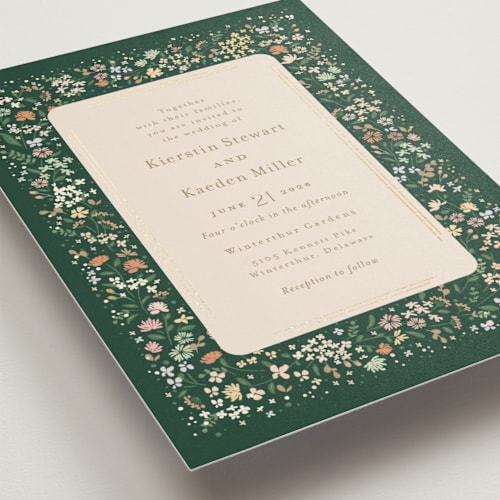 This is a emerald foil stamped wedding invitations with foil pressed by Jennifer Wick called esther's garden printing on signature in standard