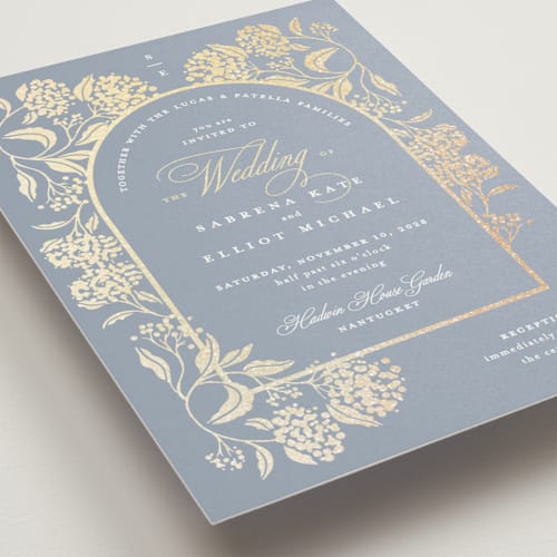 This is a fleur blue foil stamped wedding invitations with foil pressed by Susan Zinader called shimmering hydrangeas printing on signature in standard