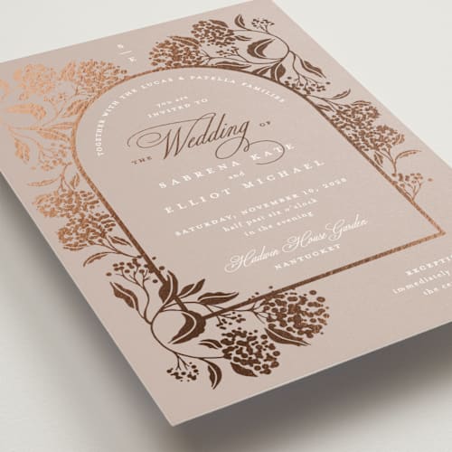 This is a cashmere foil stamped wedding invitations with foil pressed by Susan Zinader called shimmering hydrangeas printing on signature in standard