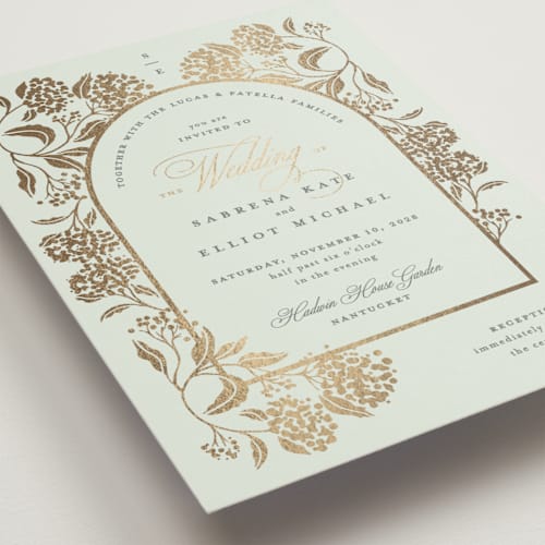 This is a pastel mint foil stamped wedding invitations with foil pressed by Susan Zinader called shimmering hydrangeas printing on signature in standard