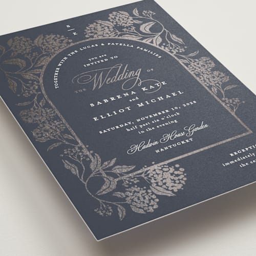 This is a under the stars foil stamped wedding invitations with foil pressed by Susan Zinader called shimmering hydrangeas printing on signature in standard