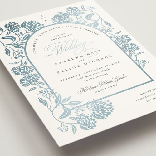 This is a dove foil stamped wedding invitations with foil pressed by Susan Zinader called shimmering hydrangeas printing on signature in standard