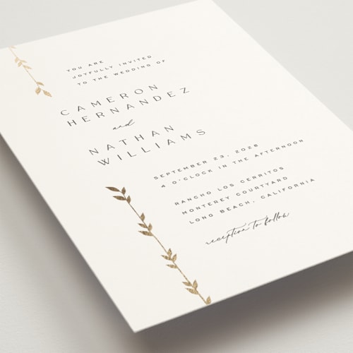 This is a lily foil stamped wedding invitations with foil pressed by Owl and Toad called courtyard printing on signature in standard