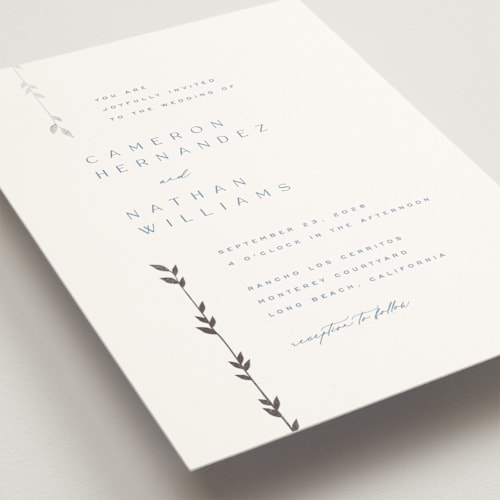 This is a sky foil stamped wedding invitations with foil pressed by Owl and Toad called courtyard printing on signature in standard