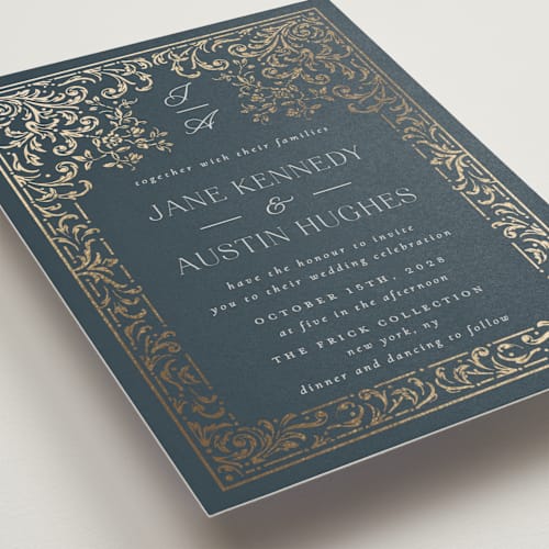 This is a sapphire foil stamped wedding invitations with foil pressed by Ana de Sousa called regency grace printing on signature in standard