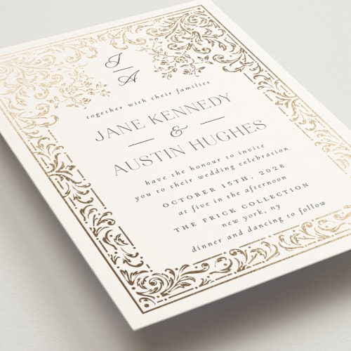 This is a ivory foil stamped wedding invitations with foil pressed by Ana de Sousa called regency grace printing on signature in standard