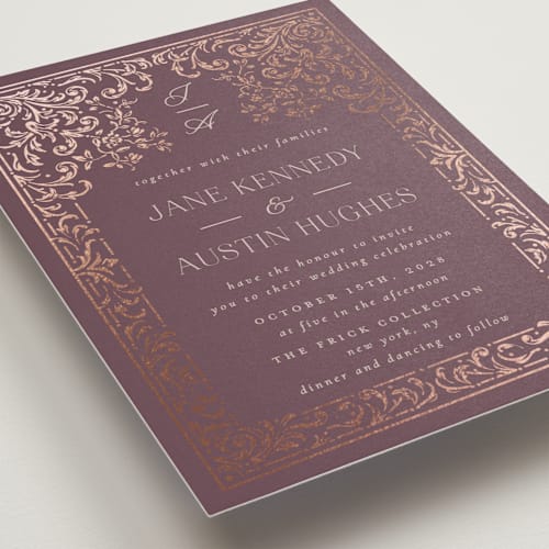 This is a amethyst foil stamped wedding invitations with foil pressed by Ana de Sousa called regency grace printing on signature in standard