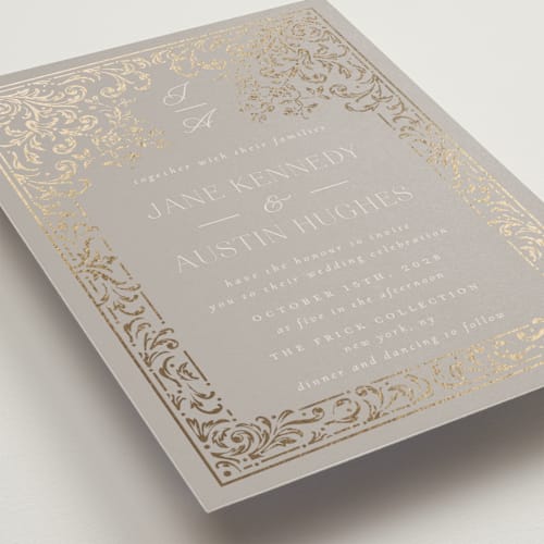 This is a bells foil stamped wedding invitations with foil pressed by Ana de Sousa called regency grace printing on signature in standard