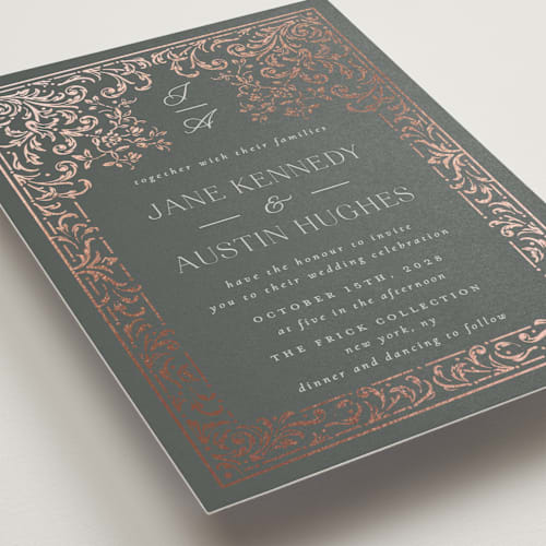This is a emerald foil stamped wedding invitations with foil pressed by Ana de Sousa called regency grace printing on signature in standard