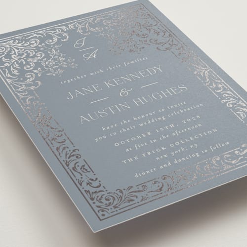 This is a lagoon foil stamped wedding invitations with foil pressed by Ana de Sousa called regency grace printing on signature in standard