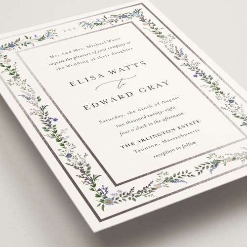 This is a lilac foil stamped wedding invitations with foil pressed by Susan Moyal called blooming vine printing on signature in standard
