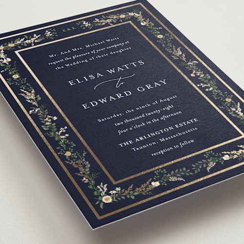 This is a indigo foil stamped wedding invitations with foil pressed by Susan Moyal called blooming vine printing on signature in standard