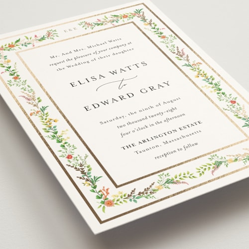 This is a tropical foil stamped wedding invitations with foil pressed by Susan Moyal called blooming vine printing on signature in standard