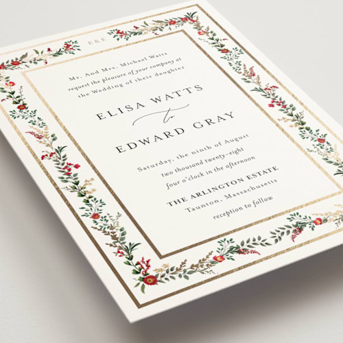 This is a crimson foil stamped wedding invitations with foil pressed by Susan Moyal called blooming vine printing on signature in standard