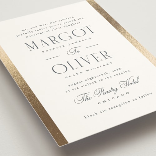 This is a quartz foil stamped wedding invitations with foil pressed by Kristie Kern called the ritz printing on signature in standard