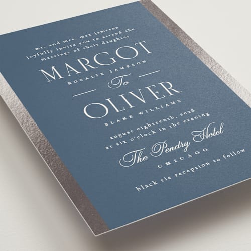 This is a navy foil stamped wedding invitations with foil pressed by Kristie Kern called the ritz printing on signature in standard