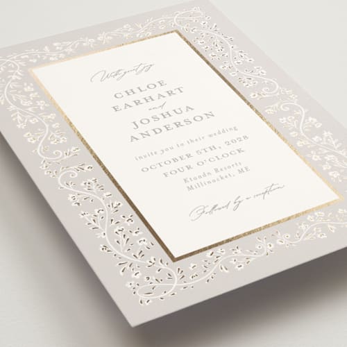 This is a veil foil stamped wedding invitations with foil pressed by Gwen Bedat called floral romance printing on signature in standard