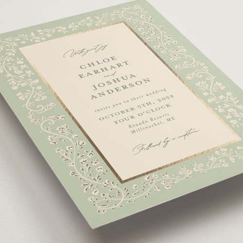 This is a mint foil stamped wedding invitations with foil pressed by Gwen Bedat called floral romance printing on signature in standard
