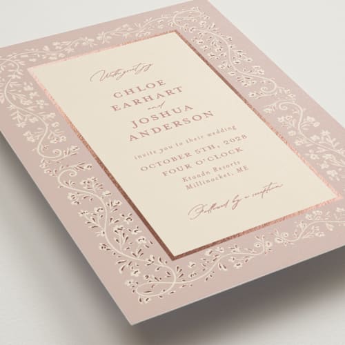 This is a rose foil stamped wedding invitations with foil pressed by Gwen Bedat called floral romance printing on signature in standard