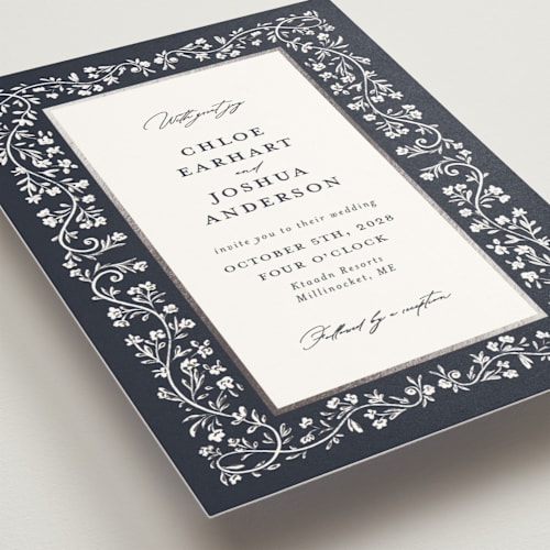 This is a sapphire foil stamped wedding invitations with foil pressed by Gwen Bedat called floral romance printing on signature in standard