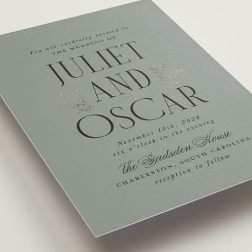 This is a mossy foil stamped wedding invitations with foil pressed by Laura Hankins called enchanted printing on signature in standard