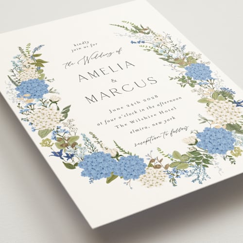 This is a coastal foil stamped wedding invitations with foil pressed by Susan Moyal called garden whisper printing on signature in standard