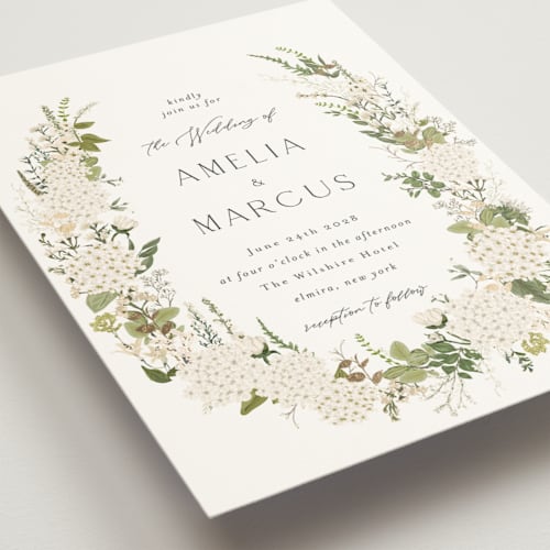 This is a porcelain foil stamped wedding invitations with foil pressed by Susan Moyal called garden whisper printing on signature in standard