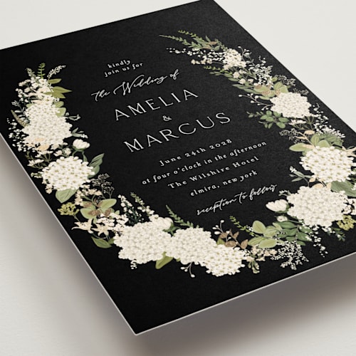 This is a black tie foil stamped wedding invitations with foil pressed by Susan Moyal called garden whisper printing on signature in standard
