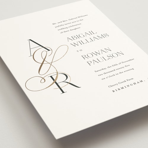 This is a chantilly foil stamped wedding invitations with foil pressed by Jessica Williams called initialed printing on signature in standard