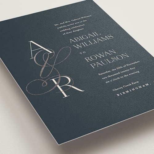 This is a navy foil stamped wedding invitations with foil pressed by Jessica Williams called initialed printing on signature in standard