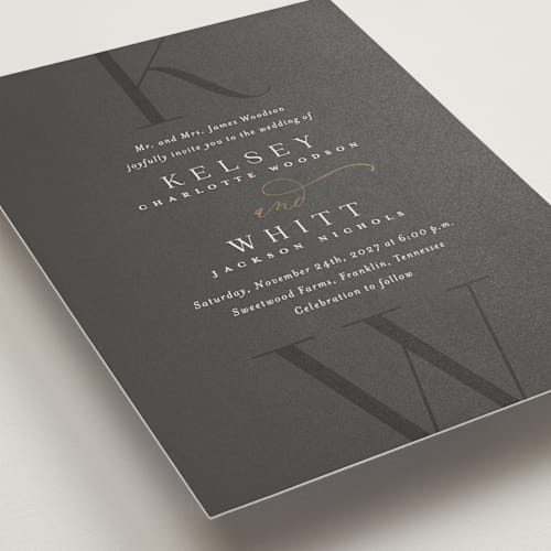 This is a stormy foil stamped wedding invitations with foil pressed by Jessica Williams called over monogram printing on signature in standard
