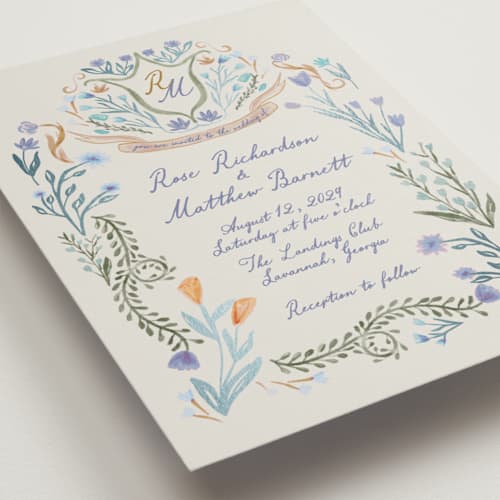 This is a cornflower foil stamped wedding invitations with foil pressed by Maja Cunningham called chantilly printing on signature in standard