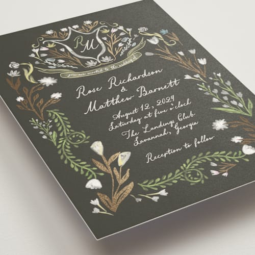 This is a forest foil stamped wedding invitations with foil pressed by Maja Cunningham called chantilly printing on signature in standard