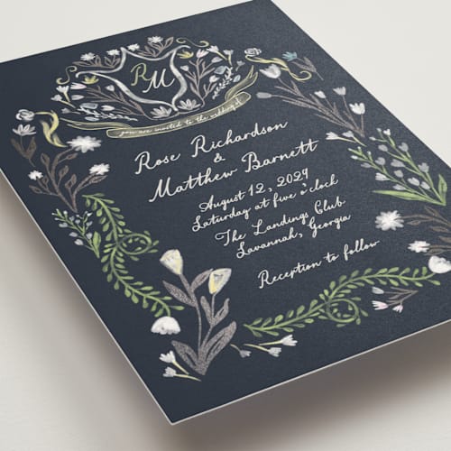 This is a midnight foil stamped wedding invitations with foil pressed by Maja Cunningham called chantilly printing on signature in standard