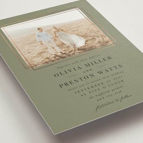 This is a moss foil stamped wedding invitations with foil pressed by Robert and Stella called regent printing on signature in standard