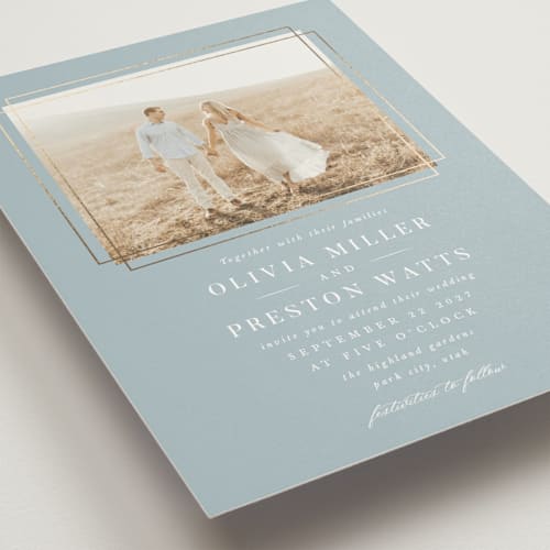 This is a dusty blue foil stamped wedding invitations with foil pressed by Robert and Stella called regent printing on signature in standard