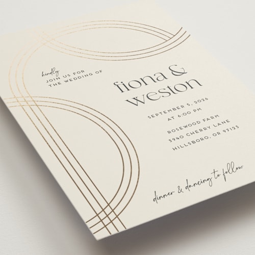 This is a chiffon foil stamped wedding invitations with foil pressed by Amy Payne called curves printing on signature in standard