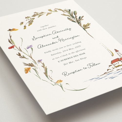 This is a garden green foil stamped wedding invitations with foil pressed by Lucrecia Caporale called coastal bloom printing on signature in standard