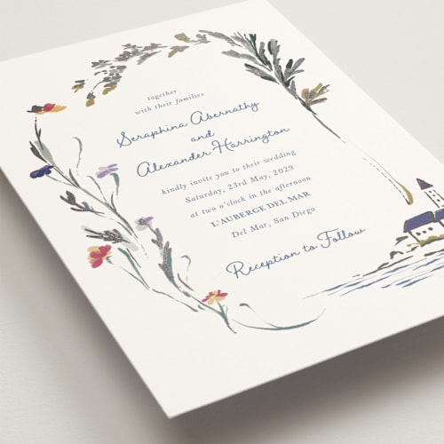 This is a deep sea foil stamped wedding invitations with foil pressed by Lucrecia Caporale called coastal bloom printing on signature in standard