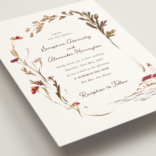 This is a merlot foil stamped wedding invitations with foil pressed by Lucrecia Caporale called coastal bloom printing on signature in standard