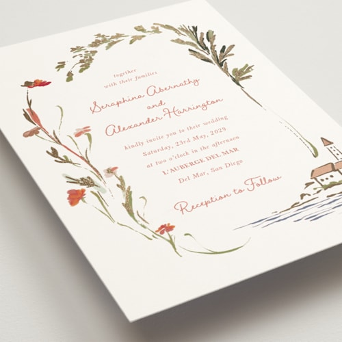 This is a rose quartz foil stamped wedding invitations with foil pressed by Lucrecia Caporale called coastal bloom printing on signature in standard