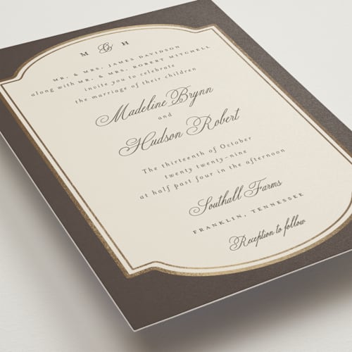 This is a cognac foil stamped wedding invitations with foil pressed by Emily Betts called arch frame printing on signature in standard